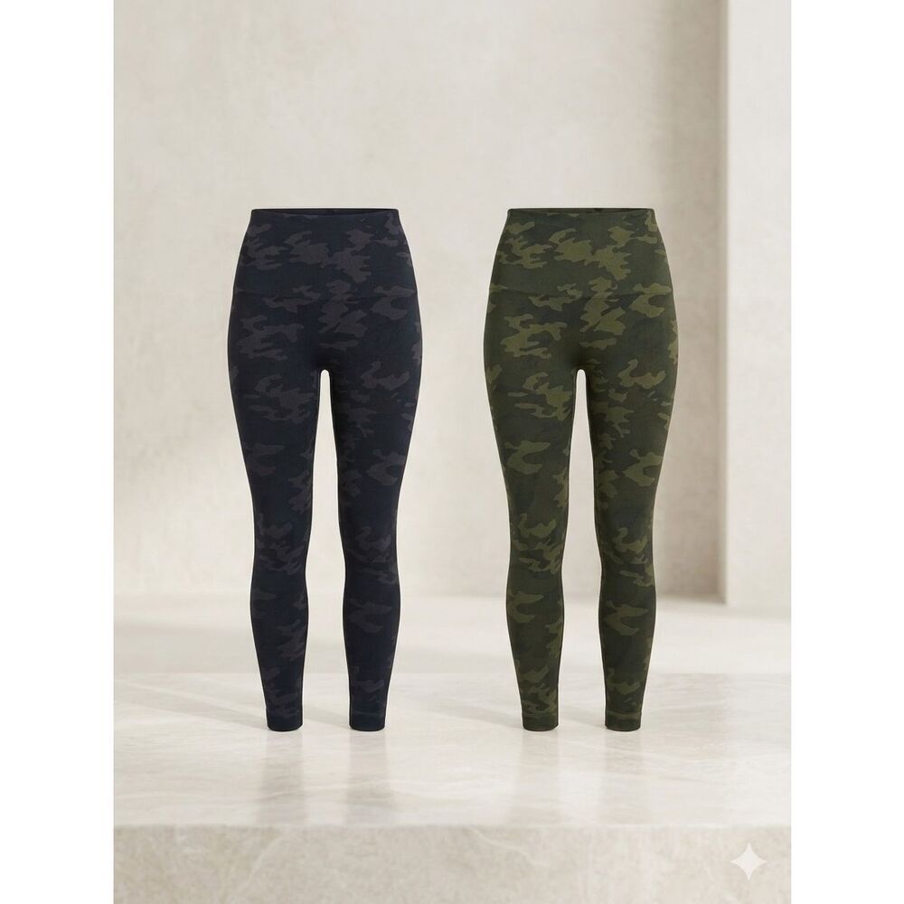 Spanx Look At Me Now Seamless Leggings M Camo Green Black High Waist Bundle of 2